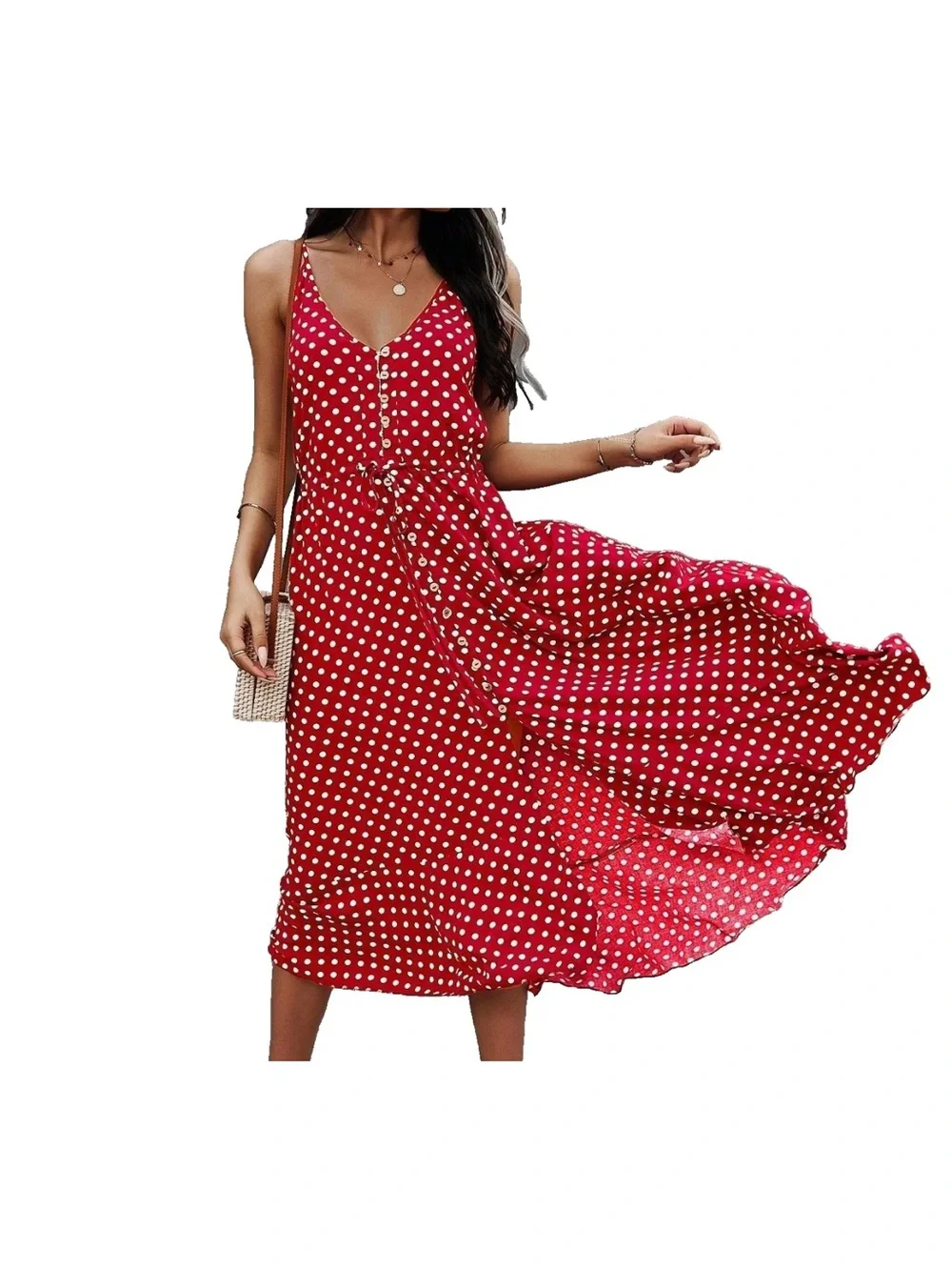 Red Polka Dot Midi Dress Lightweight Flowy Boho Spaghetti Strap XL - Picture 1 of 9